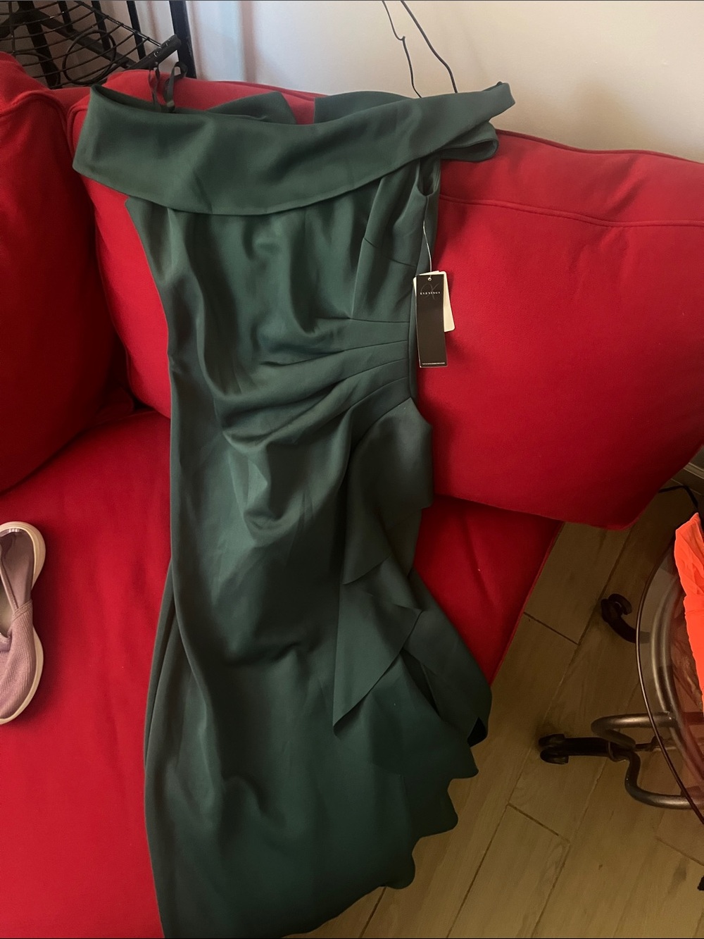 Off-Shoulder Dark Green Ruffle Sheath Dress